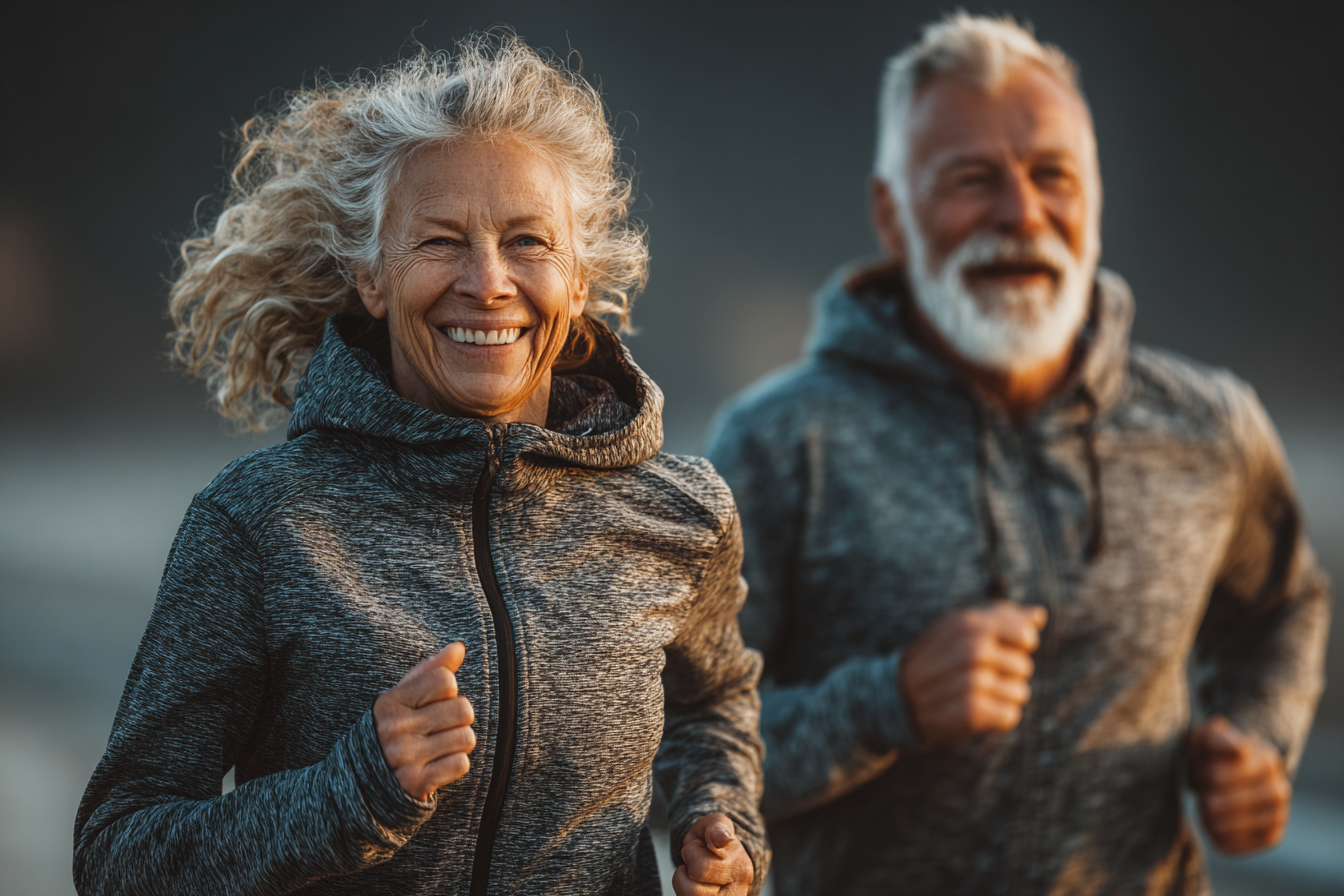 Възрастна двойка прави упражнения заедно в парк